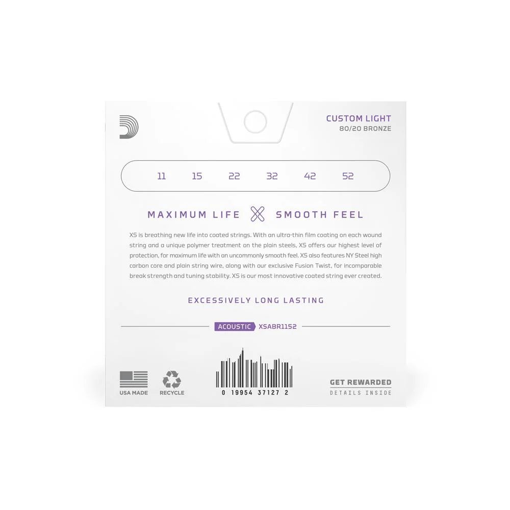 D'Addario XS Acoustic 80/20 Bronze Guitar Strings | 11-52 (Custom Light) | 3-Pack - Image 2