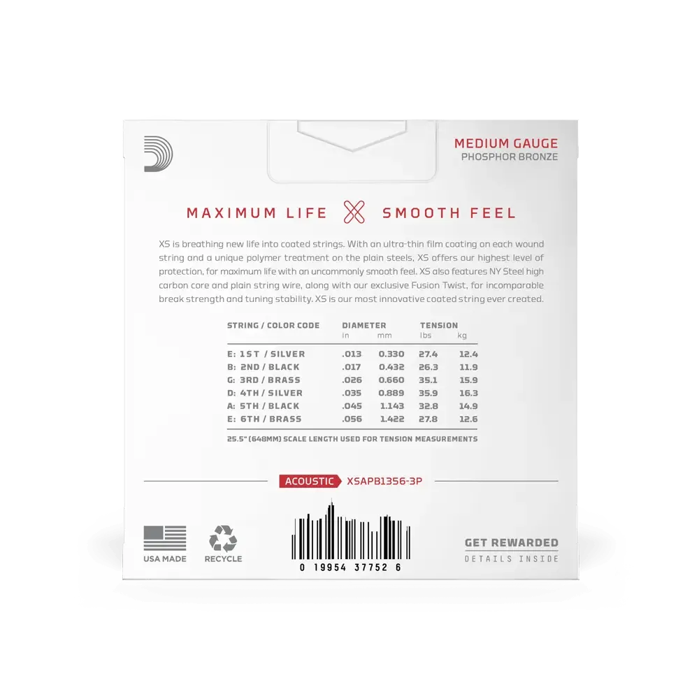 D'Addario XS Coated Phosphor Bronze Acoustic Guitar Strings | 13-56 (Medium) | 3-Pack - Image 2