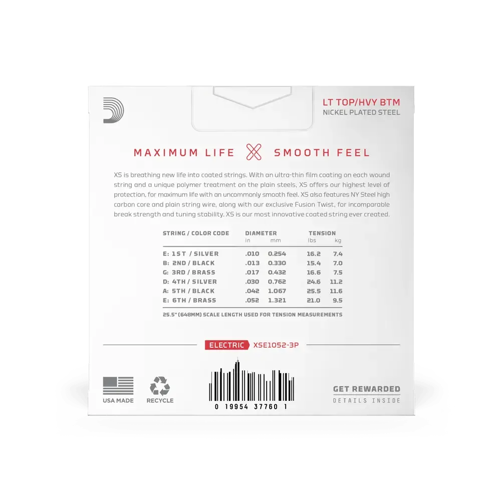 D'Addario XS Coated Electric Guitar Strings | 10-52 (Light Top/Heavy Bottom) | 3-Pack - Image 2