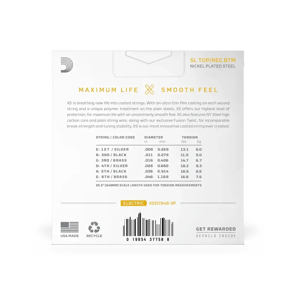 D'Addario XS Coated Electric Guitar Strings | 09-46 (Light Top/Regular Bottom) | 3-Pack - Image 2