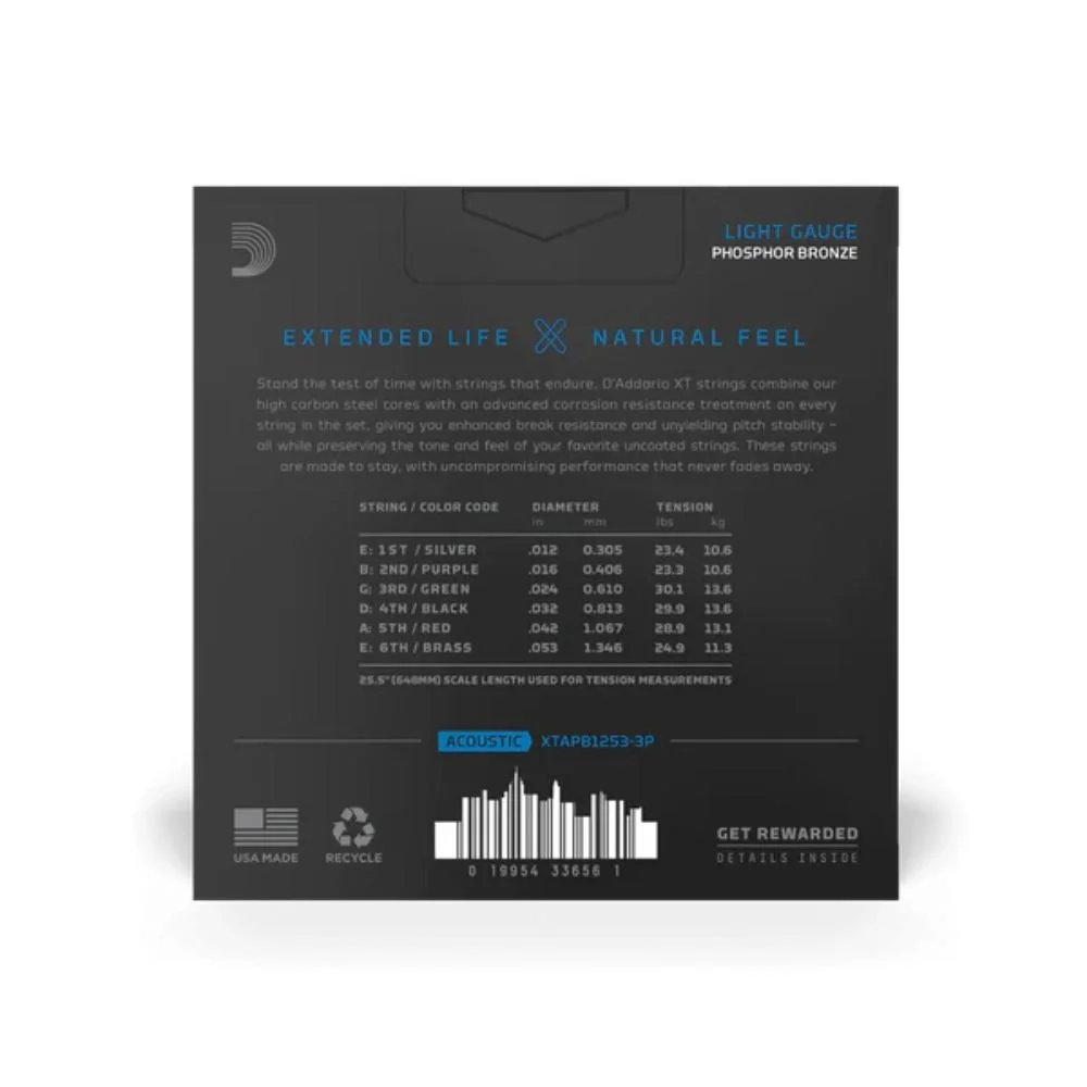 D'Addario XT Coated Phosphor Bronze Acoustic Guitar Strings | 12-53 (Light) | 3 Sets - Image 2