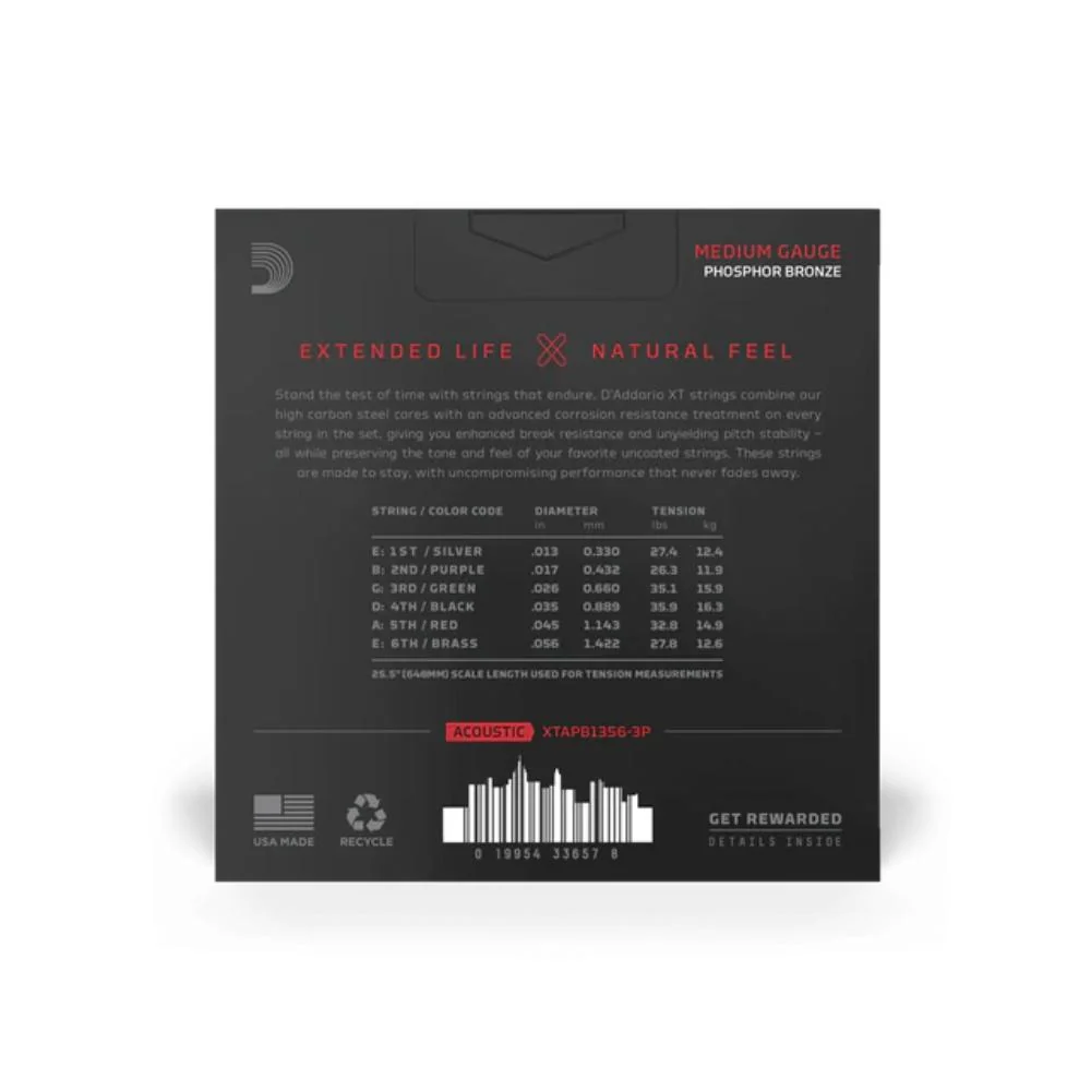 D'Addario XT Coated Phosphor Bronze Acoustic Guitar Strings | 13-56 (Medium) | 3 Sets - Image 2