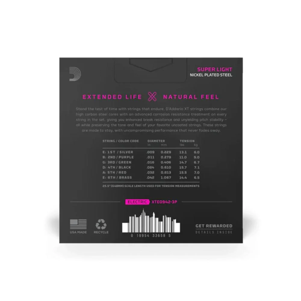 D'Addario XT Coated Electric Guitar Strings | 09-42 (Super Light) | 3 Sets - Image 2