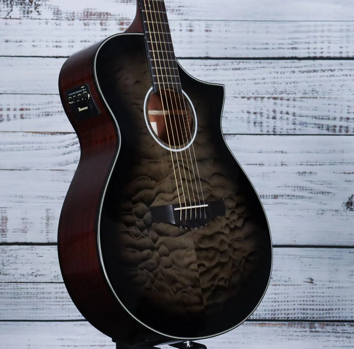 *DEMO* Ibanez AEWC16QA Acoustic Guitar | Transparent Black Sunburst - Image 4