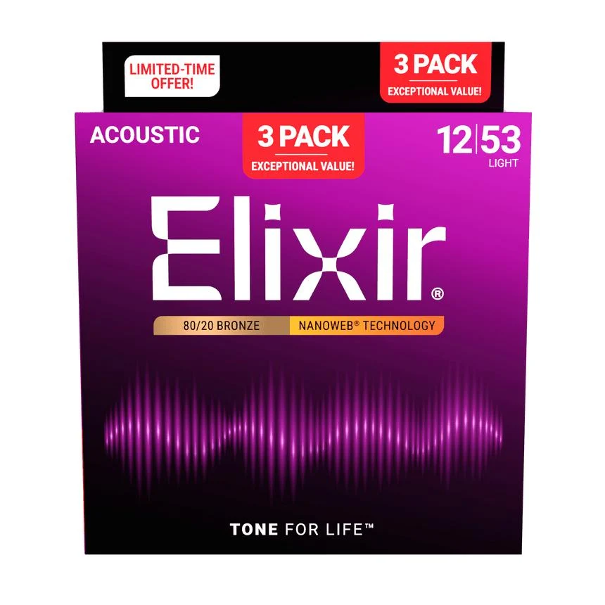 Elixir Nanoweb 80/20 Bronze Acoustic Guitar Strings | 11-52 (Custom Light) | 3-Pack