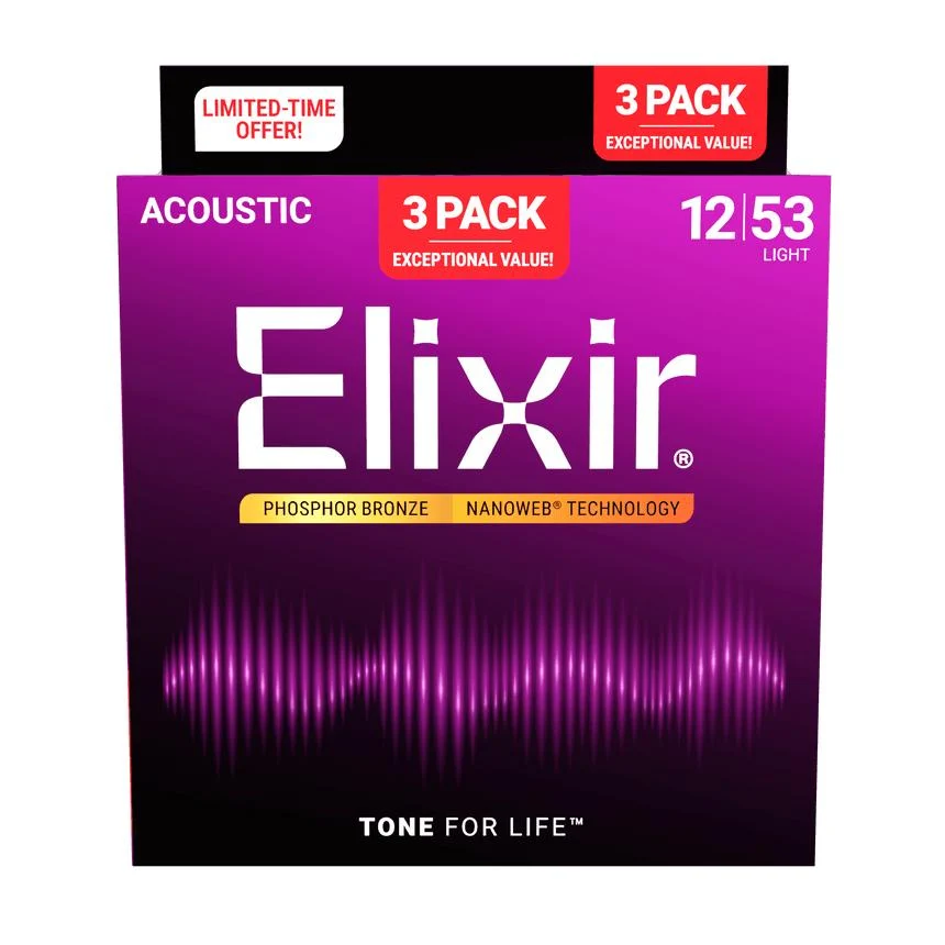 Elixir Nanoweb Phosphor Bronze Acoustic Guitar Strings | 12-53 (Light) | 3-Pack