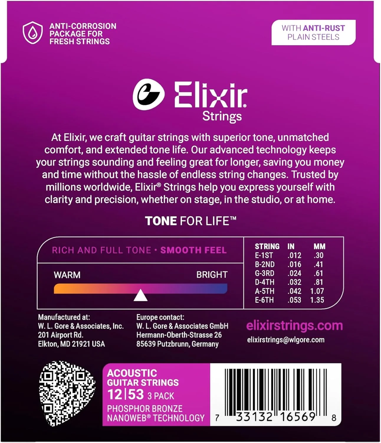 Elixir Nanoweb Phosphor Bronze Acoustic Guitar Strings | 12-53 (Light) | 3-Pack - Image 2