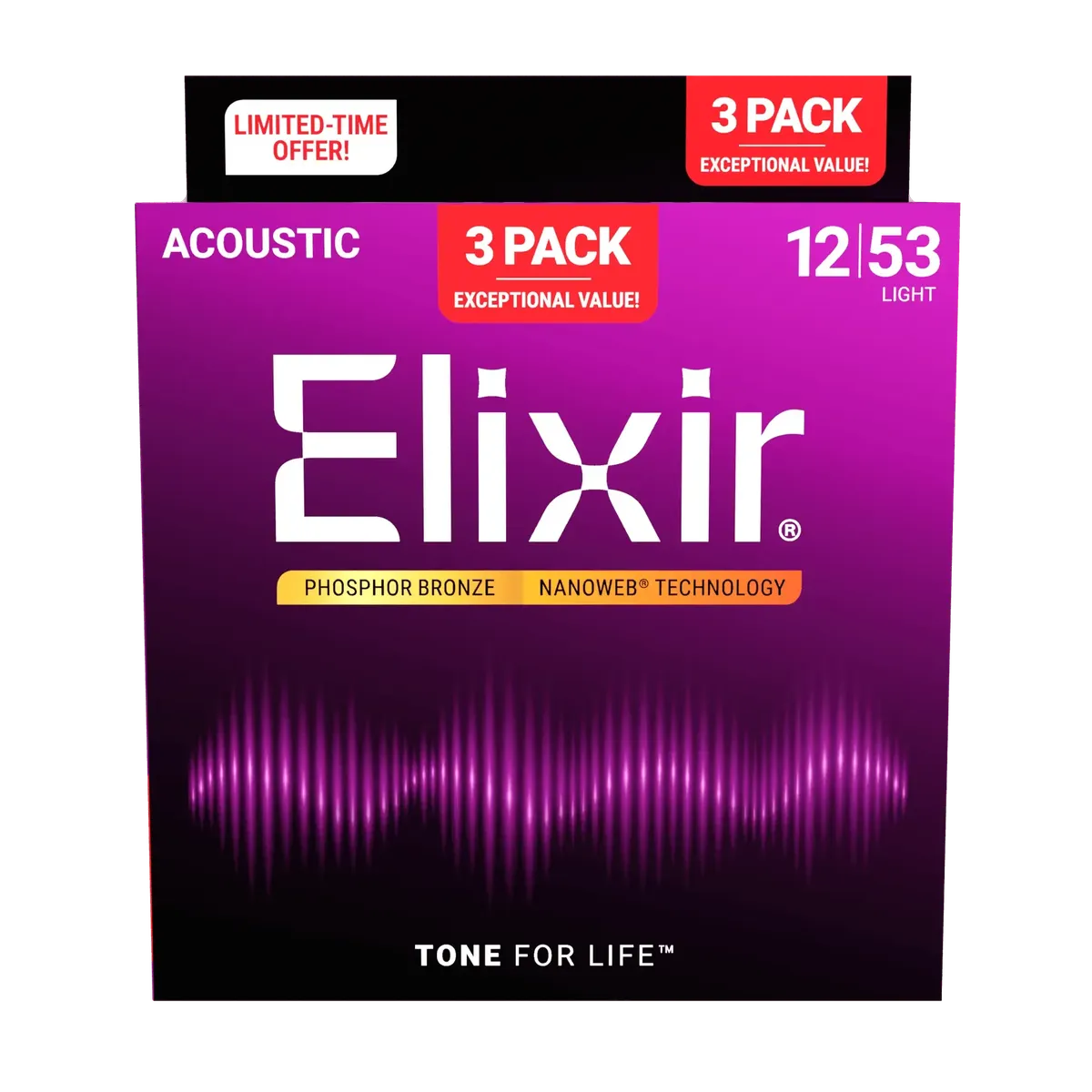 Elixir Nanoweb Phosphor Bronze Acoustic Strings | Light, 12-53 | 3 Pack