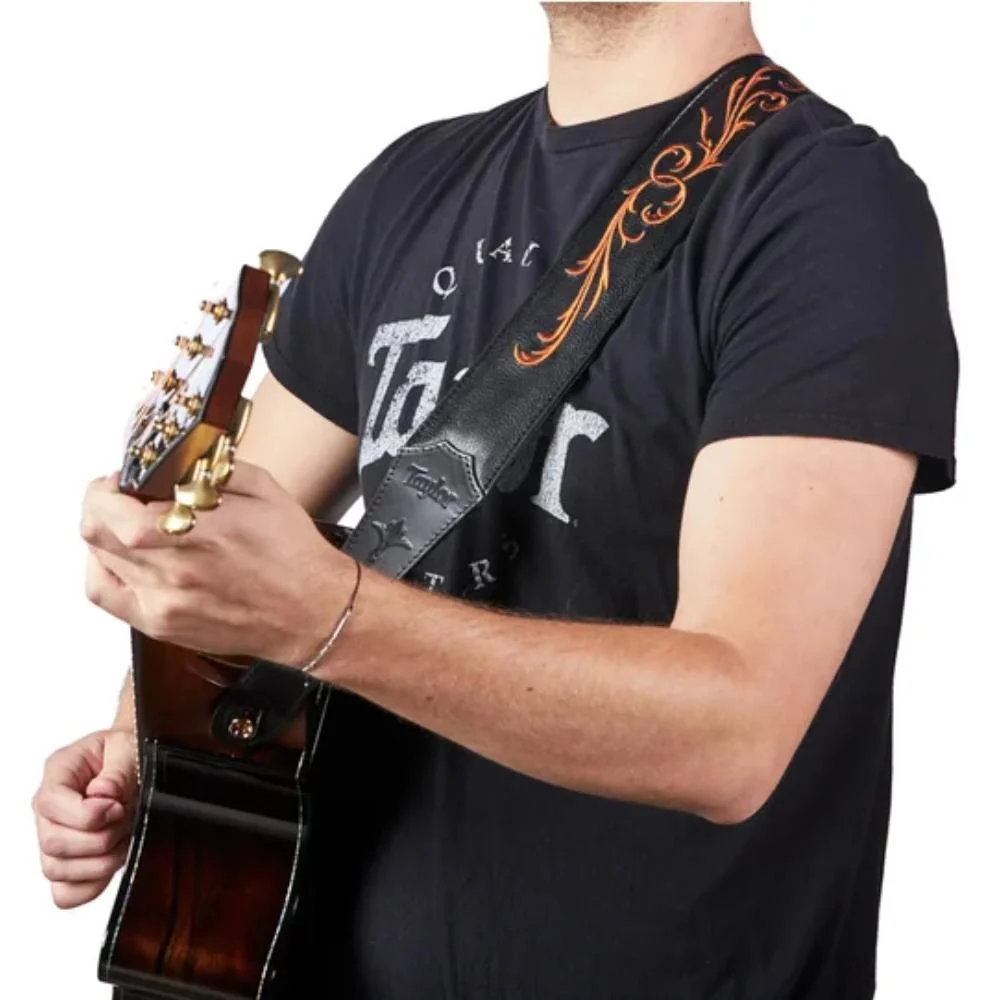 Taylor Nouveau Embroidered Leather Guitar Strap | 3.0" | Black & Orange - Image 2