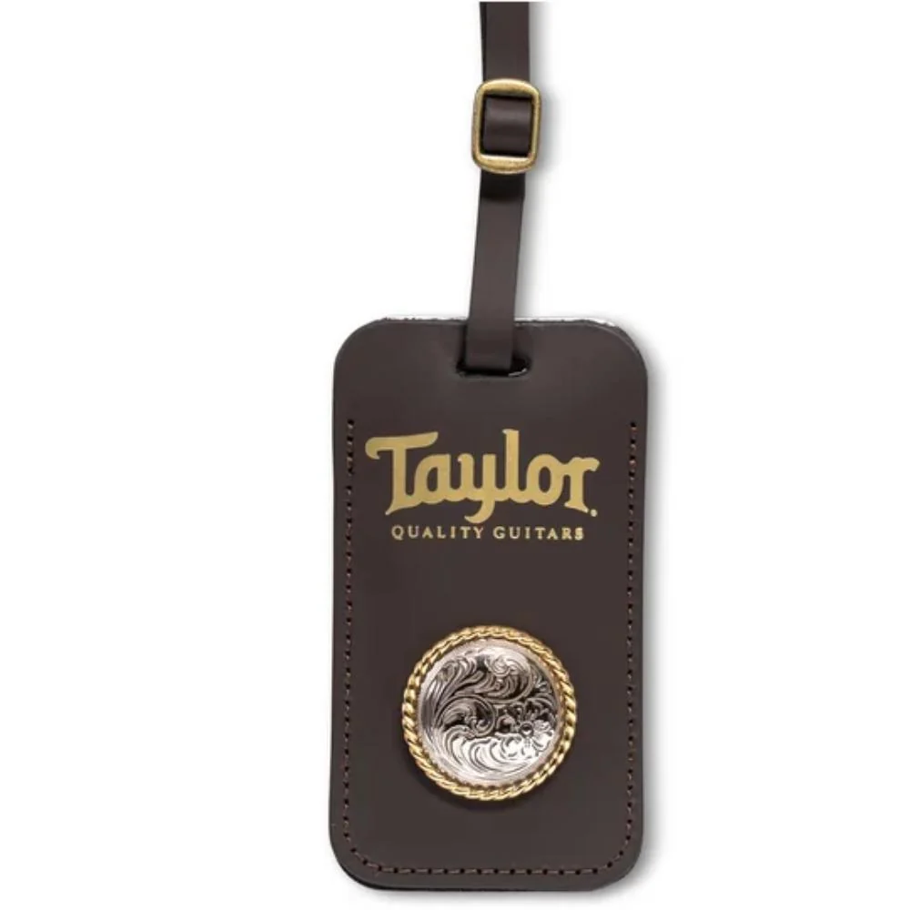 Taylor Leather Luggage Tag w/Silver & Gold Concho | Chocolate Brown